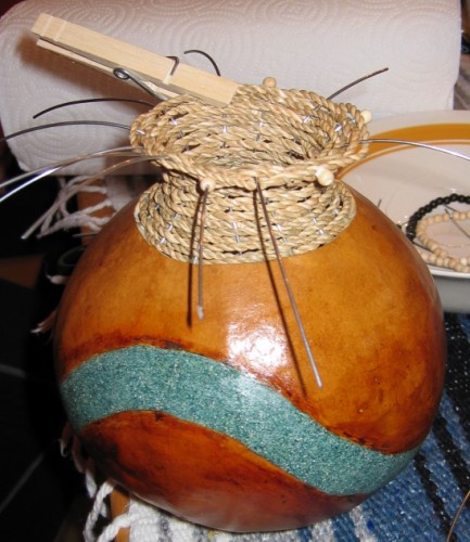 Gourd Vessel Dyed With Transtint Dye. never Ending Closed Coiling on Rim. 